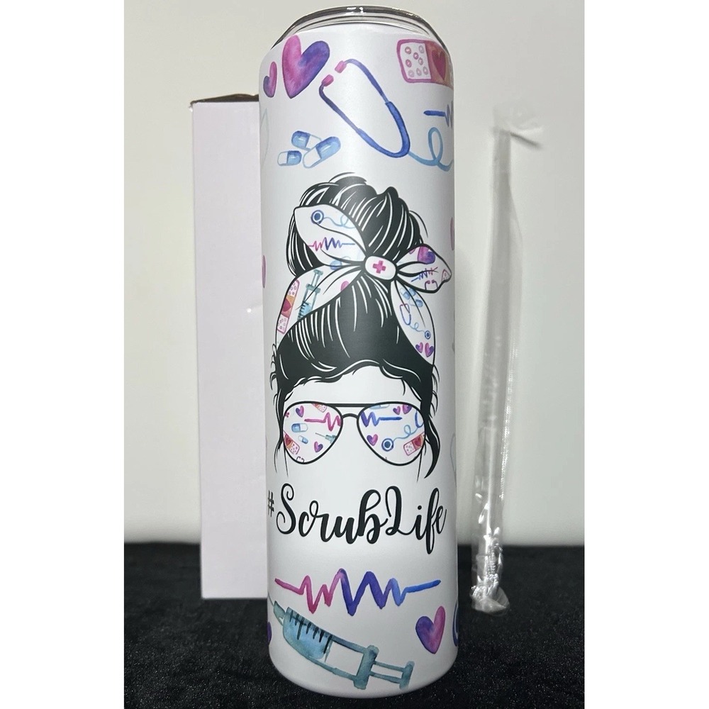 NEW Nurse "SCRUB LIFE" 30oz Skinny Straight Tumbler with Lid and Straw NEW